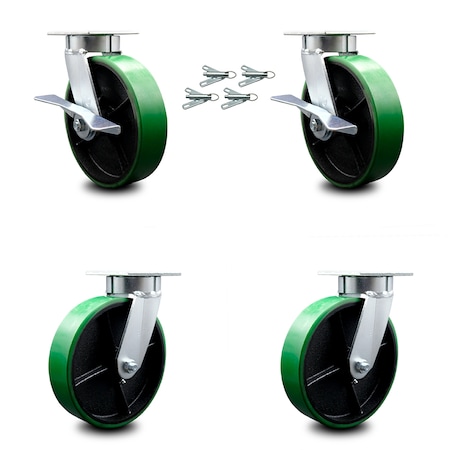 Service Caster 8 Inch Kingpinless Green Poly on Steel Wheel Caster Swivel Locks 2 Brakes, 4PK SCC-KP30S820-PUR-GB-SLB-BSL-2-BSL-2